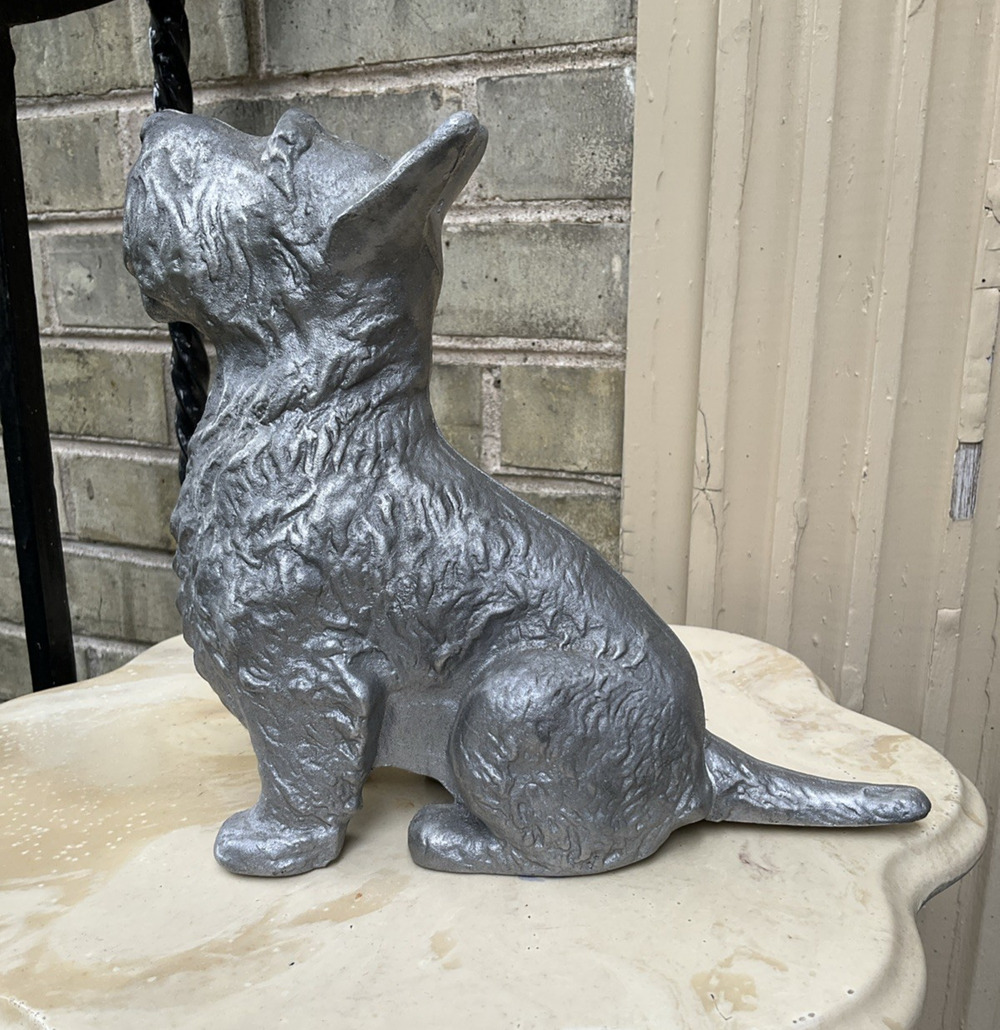 Vintage 8" Silver Tone Cast Iron Scottish Terrier Scottie Dog Door Stop Figure